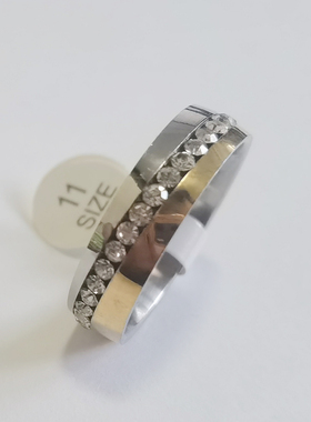 清仓处理 6mm宽 金银双色 斜单排钻 满钻 不锈钢戒指