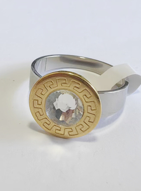 清仓处理  14mm直径金色圆盘长城纹 水钻 不锈钢 戒指