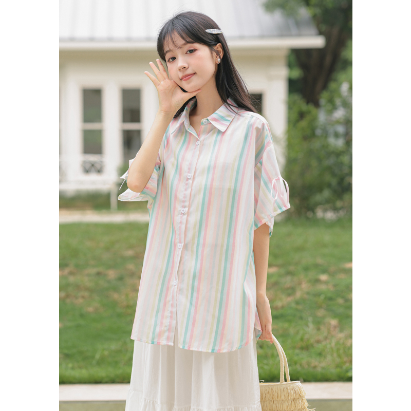2025夏季新款日系可爱甜美宽松彩色条纹衬衫女学生百搭裙子套装潮