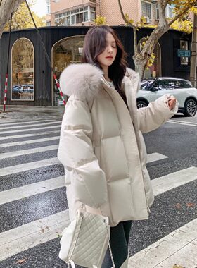 羽绒棉服韩版女中长款大毛领学院淑女新款冬季加厚宽松外套冬棉衣