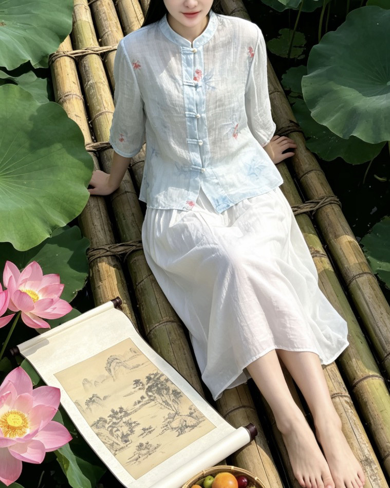 【老板娘容容】青花瓷2026新品新中式盘扣刺绣苎麻小衫