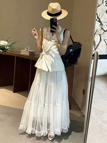 【老板娘容容】夏季新品设计老钱风无袖西装马甲+蛋糕半身裙套装
