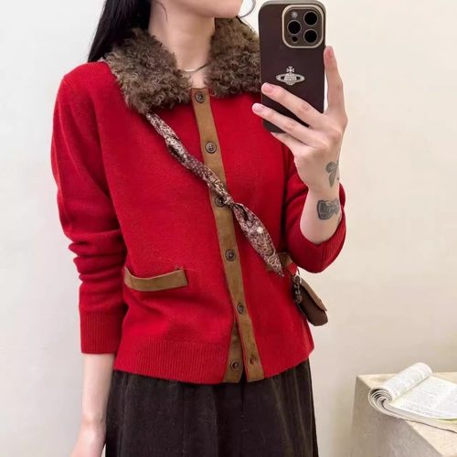 【老板娘容容】爆款毛领款双粒扣羊绒开衫外套