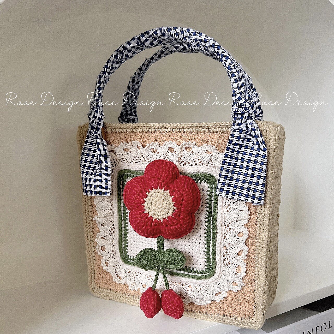 ROSES PLACE OF LIFE CHILDLIKE RETRO CHERRY BLOSSOM KNITTED BAG DIY HANDMADE CROCHET WOOL MATERIAL BAG INS KOREAN