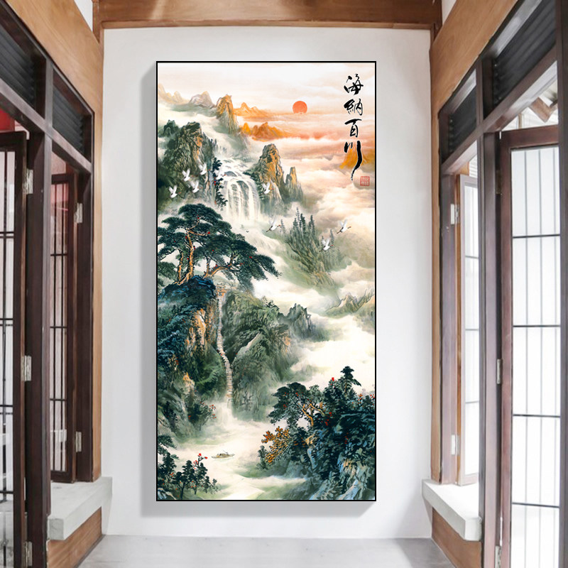 入户玄关钻石画客厅新中式竖版过道走廊山水点贴钻十字绣海纳百川