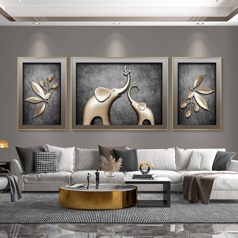 现代轻奢客厅钻石画满钻新款大象复古高级感客厅粘钻十字绣三联画