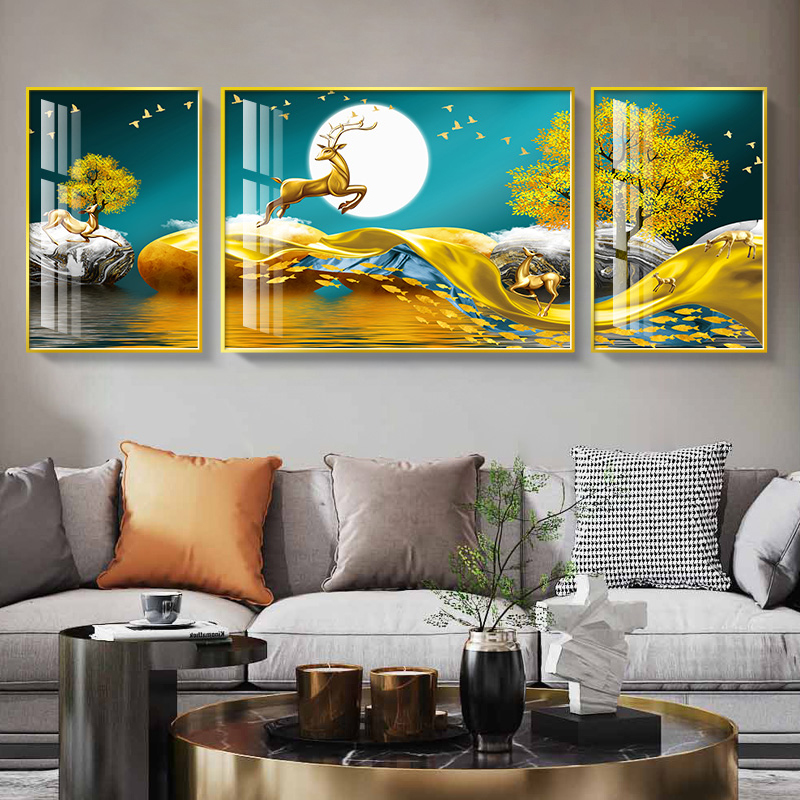 客厅钻石画满钻新款沙发背景墙招财麋鹿三联画水晶粘钻十字绣风景