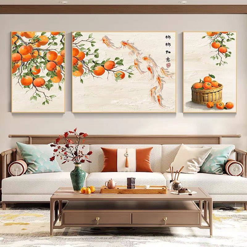 柿柿如意钻石画满钻新款三联画中式客厅手工粘钻十字绣钻石绣柿子