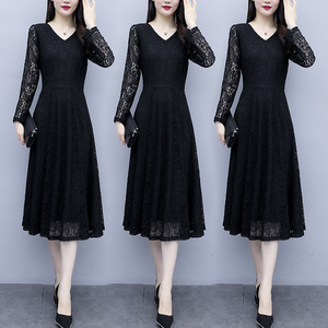 RY1462#秋装大码女装新款裙子连衣裙蕾丝中长款a字裙女