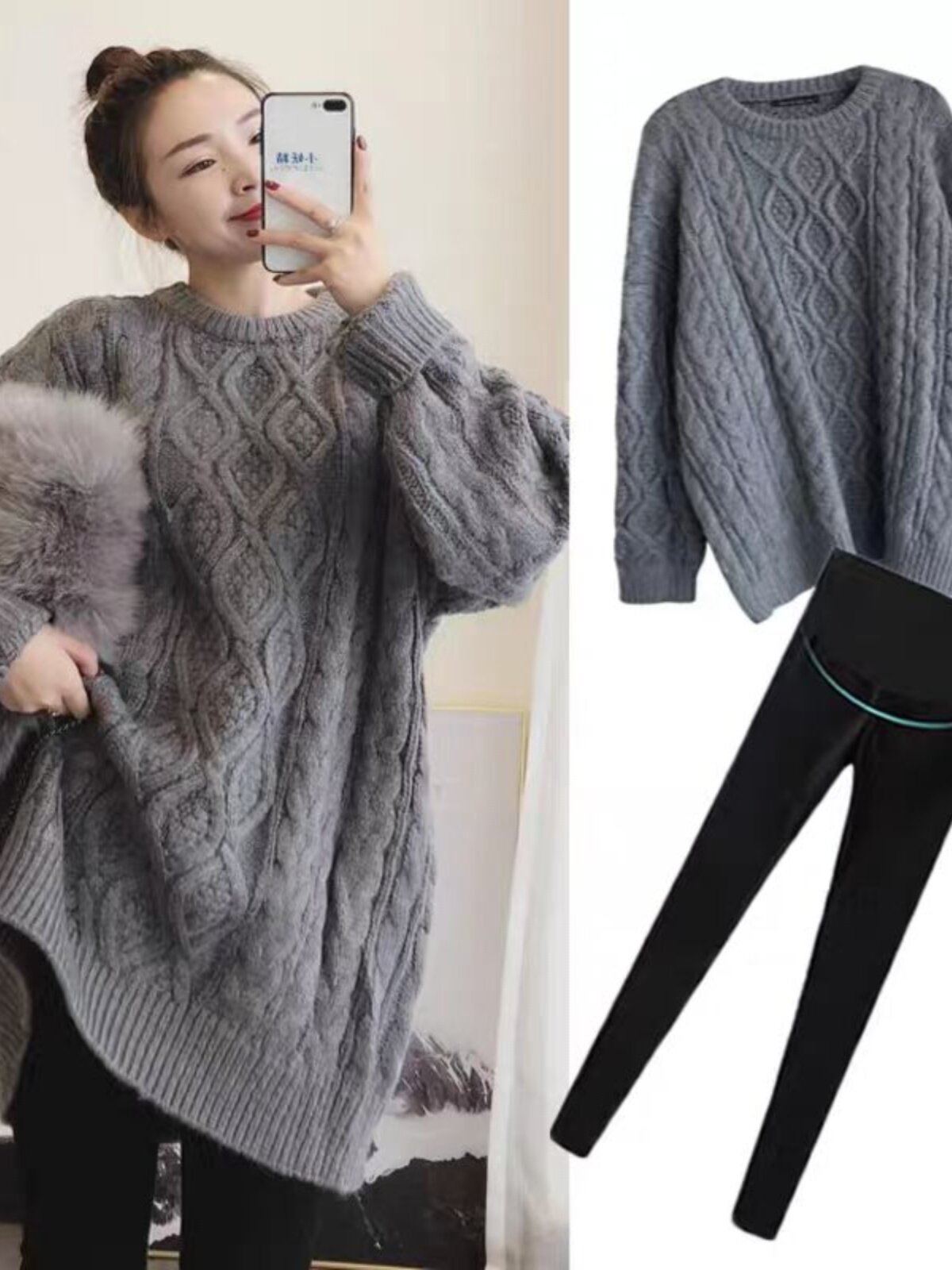 출산 가을 스웨터 정장 세련된 새로운 봄 가을 인터넷 연예인 느슨한 외출 탑 스웨터 중간 길이 니트
