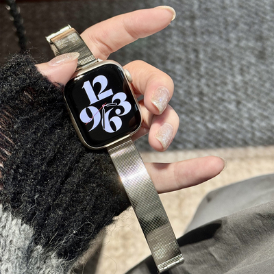 康康的不锈钢高级感猫眼竹节镜面适用于iwatch987s10苹果手表表带