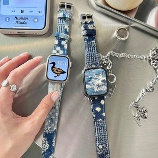 康康的原创日系复古古董牛仔布适用于iwatch98s10表带复古潮流ins