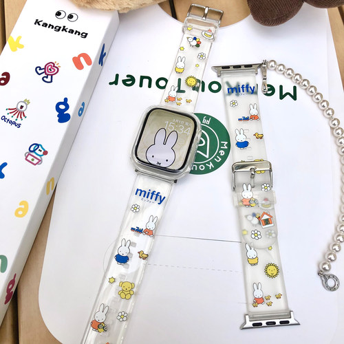 康康的原创春夏透明可爱满印兔兔适用于iwatch987s10苹果手表表带