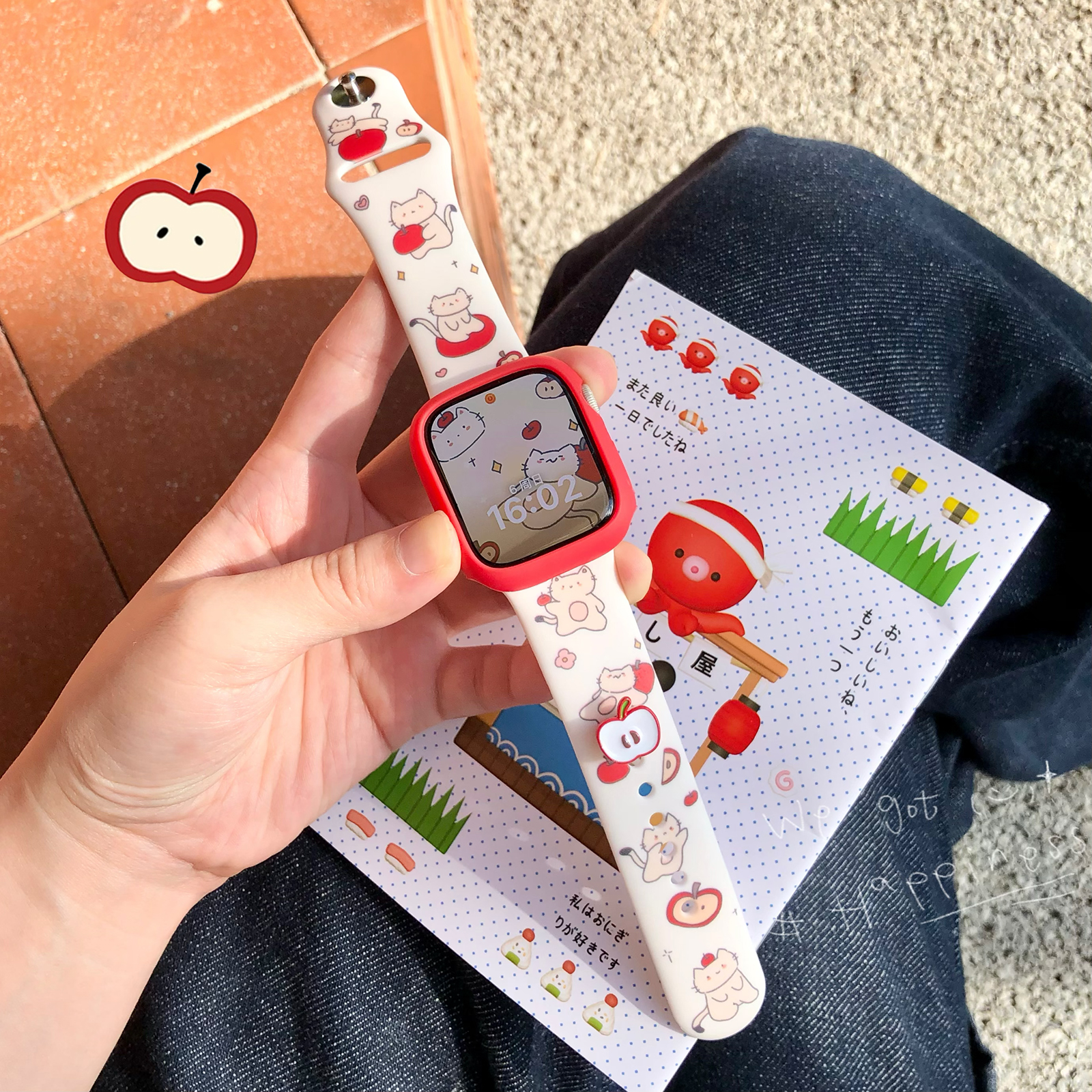 康康的原创米白色红苹果猫咪硅胶适用于iwatch987s10苹果手表表带