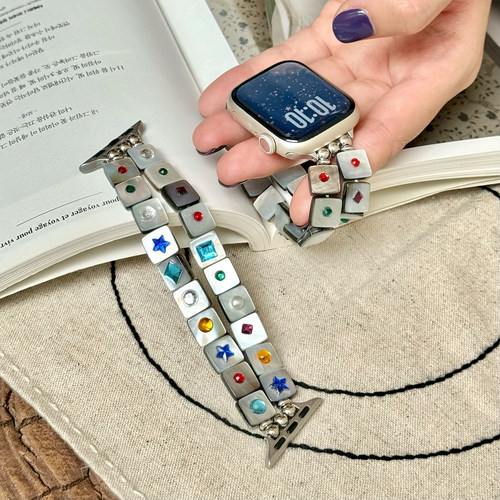 康康的原创宝石贝母弹力手链适用iwatch11se9苹果手表DIY表带高级