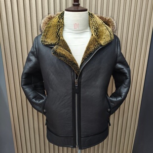 重工水洗油蜡原生态绵羊皮真皮皮衣男皮毛一体加厚保暖机车风外套