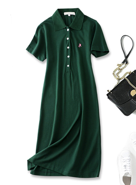 2025夏装新款绿色polo领连衣裙女过膝长裙纯棉刺绣减龄休闲保罗裙