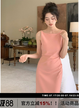 SYT肯豆 法式一字领收腰开衩连衣裙女高级感气质显瘦礼服吊带裙子