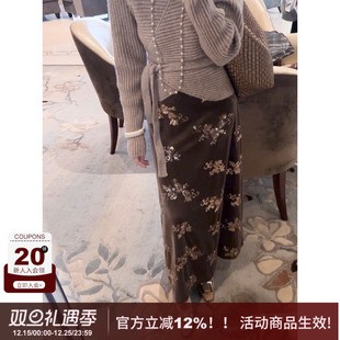 SYT自制 简约复古百搭A字长裙 丝绒繁花珠片重工高腰半身裙女冬季