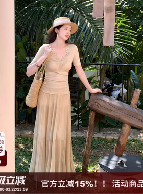 【若隐】SYT自制 复古风澳洲天丝羊毛蕾丝修身型v领短袖T恤上衣女