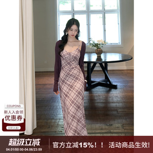 SYT自制 新款 修身 格子长裙 垂感好网纱弹力吊带连衣裙女2026春季