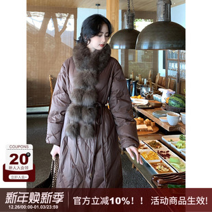 SYT自制 保暖羽绒服外套 纯色复古狐狸毛毛围脖90%含绒量系带长款