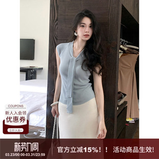 设计款 弹力舒适连肩袖 领带针织短袖 新款 上衣 女2026春季 SYT自制