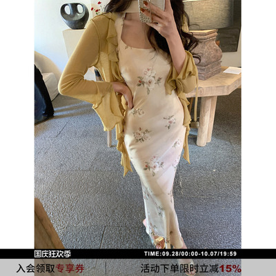 法式碎花围脖缎面吊带连衣裙