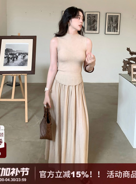 【软烟入梦】SYT自制 温婉简约风日常高弹无袖修身针织套装连衣裙