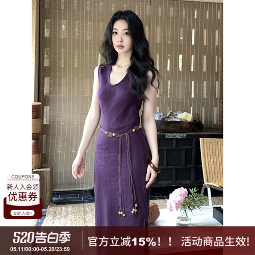 极简100亚麻舒适u型领连衣裙
