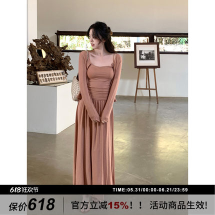 SYT自制 高端气质纯色天丝亚麻长袖开衫吊带修身显瘦三件套装裙女