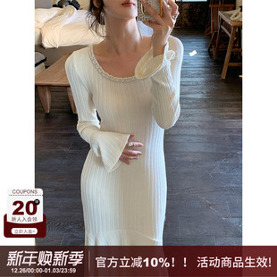 A型长裙 鱼尾针织连衣裙女冬拼接收腰喇叭袖 SYT自制 珍珠圆领修身