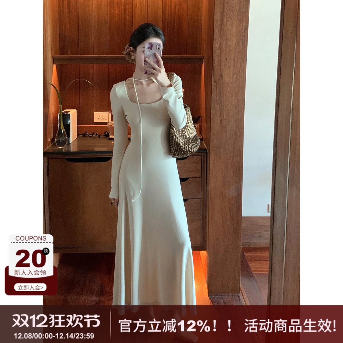 垂感好简约绑带收腰方领连衣裙