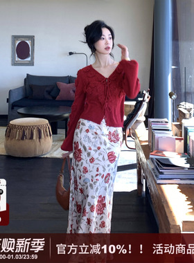 【玲珑】SYT自制 法式经典复古风红色花朵印花长款修身显瘦半身裙