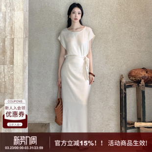 新款 连衣裙女2026春季 圆领两件套裙 亚麻极简禅意绑带套装 SYT原创