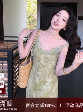 【松下居】SYT自制 温柔风蕾丝花边领吊带印花雪纺高腰A字连衣裙