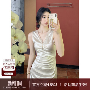 性感v领长裙子 新款 SYT自制 蕾丝花边仿醋酸缎面连衣裙女2026春季