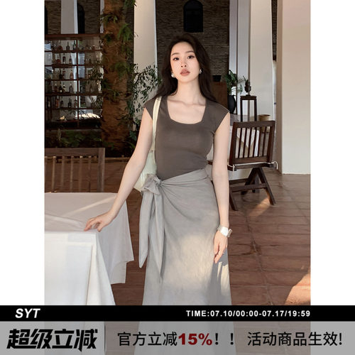 SYT自制亚麻扭结绑带收腰半身裙
