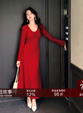 【01/05 20点会员95折】SYT自制 新年红色连衣裙v领花朵针织裙