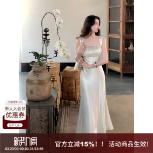 型吊带连衣裙高级钉珠长款 轻奢感缎面修身 SYT自制 鱼尾裙 风月