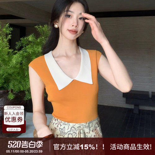 SYT原创 复古翻领显瘦针织短袖上衣女2026春季新款撞色修身T恤衫