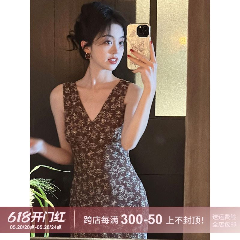 SYT气质芳华 法式V领碎花连衣裙女温柔浪漫减龄显瘦无袖斜裁长裙 女装/女士精品 连衣裙 原图主图