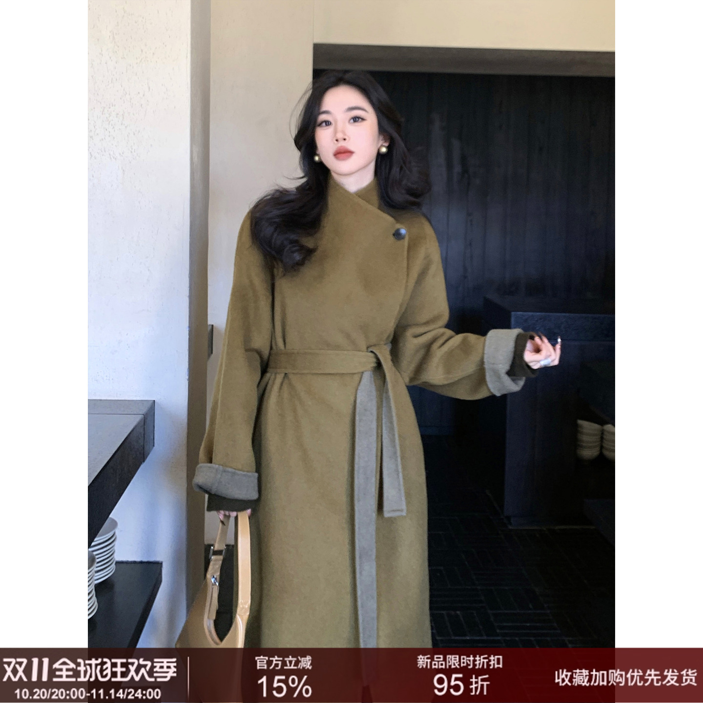 SYT自制绵羊毛绑带双面呢外套