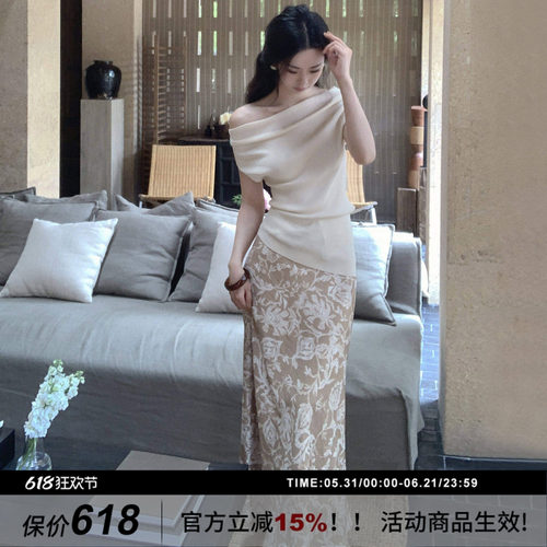 SYT原创 天丝度假印花绑带收腰长款半身裙女2026春季新款高腰裙子