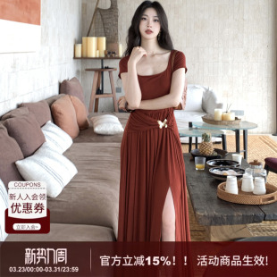 新款 慵懒显瘦方领连衣裙女2026夏季 侧开衩长裙 小蝴蝶法式 SYT原创