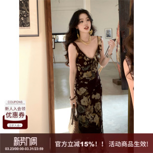 复古高品质100人丝花朵修身 SYT自制 型显瘦度假连衣裙女 春酿