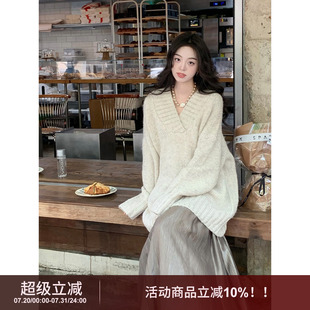 羊毛软糯v领毛衣裙女冬季 SYT自制 粗线螺纹慵懒简约宽松针织上衣