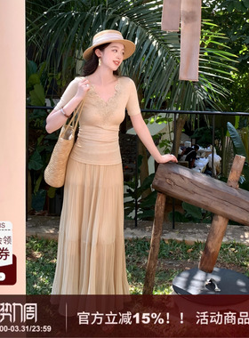 【若隐】SYT自制 复古风澳洲天丝羊毛蕾丝修身型v领短袖T恤上衣女