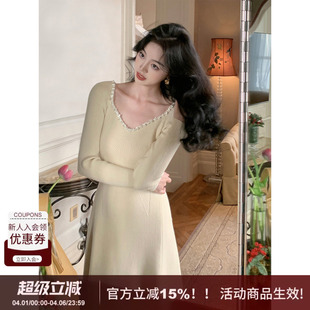 纯欲水钻桃心领针织连衣裙显瘦包臀裙女秋冬内搭打底长裙 SYT自制