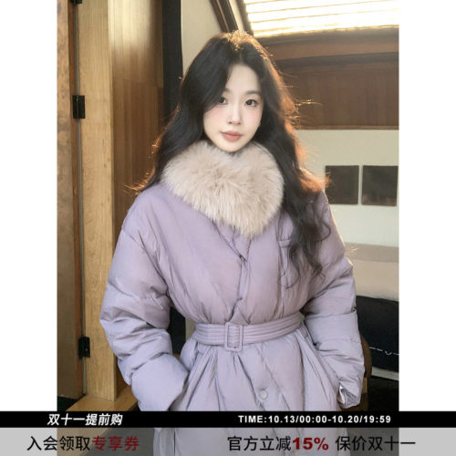 狐狸毛领白鸭绒中长款羽绒服女